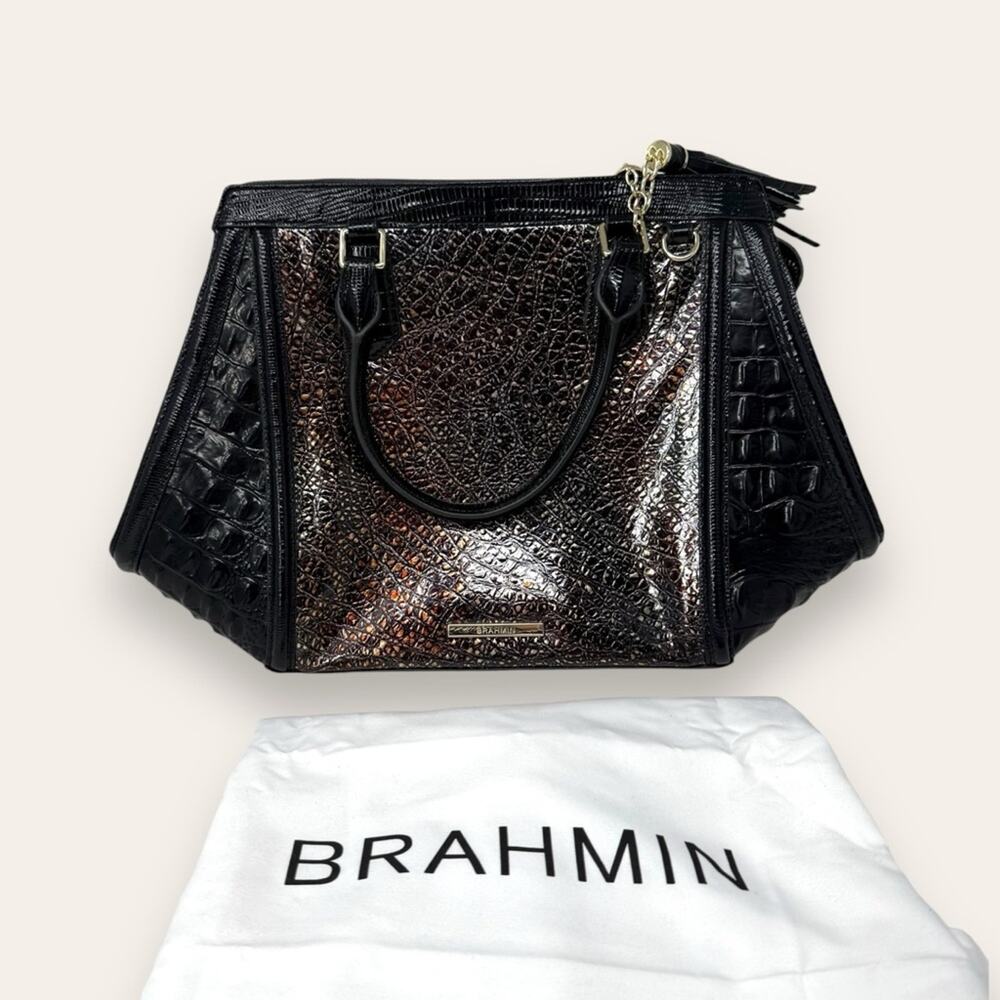 Brahmin Arden Satchel Multi Florin Handbag Croc-Embossed Color Block Leather